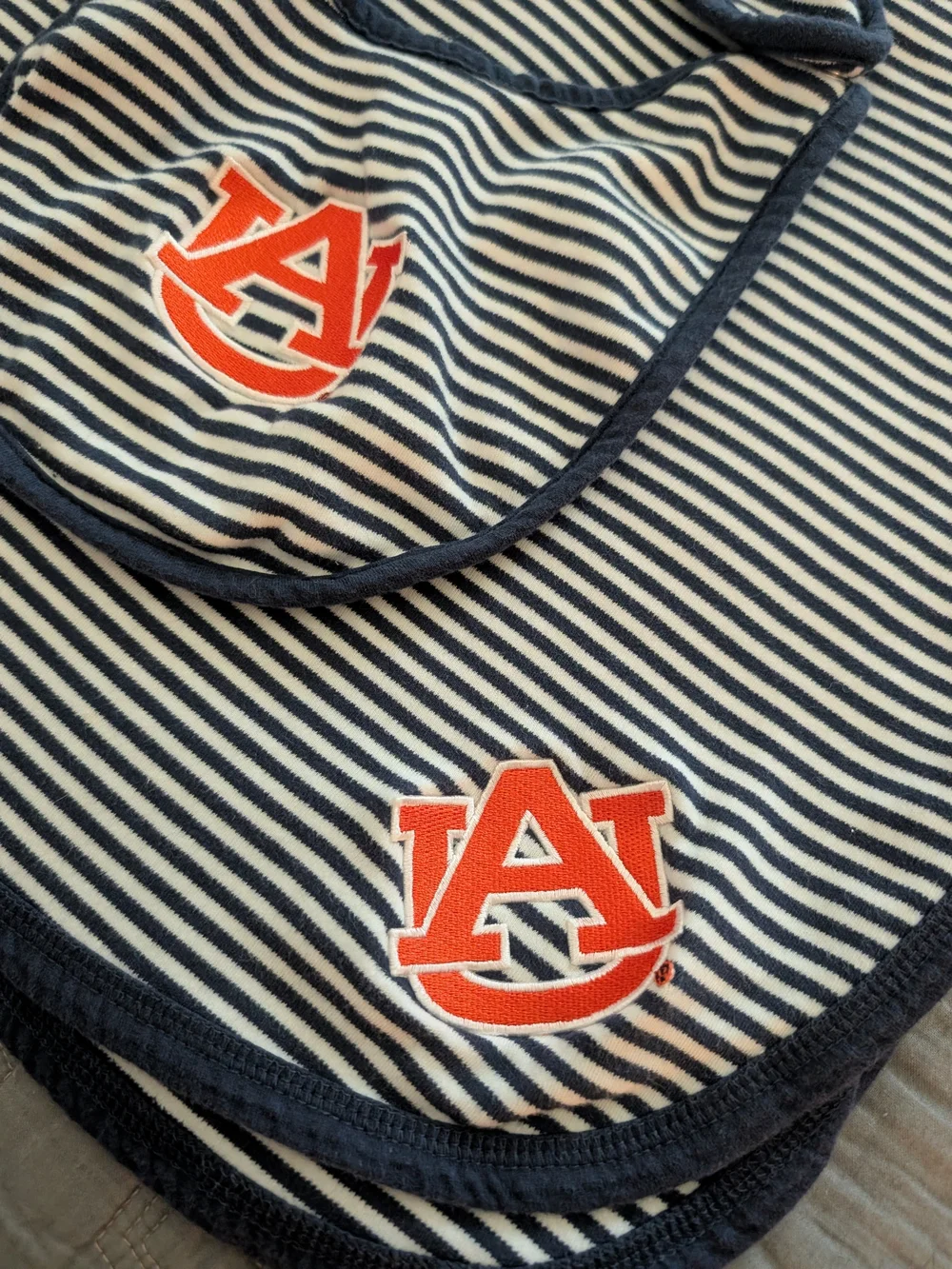 Auburn Baby Bib and Blanket Set - Navy & White Stripe, Auburn University Logo